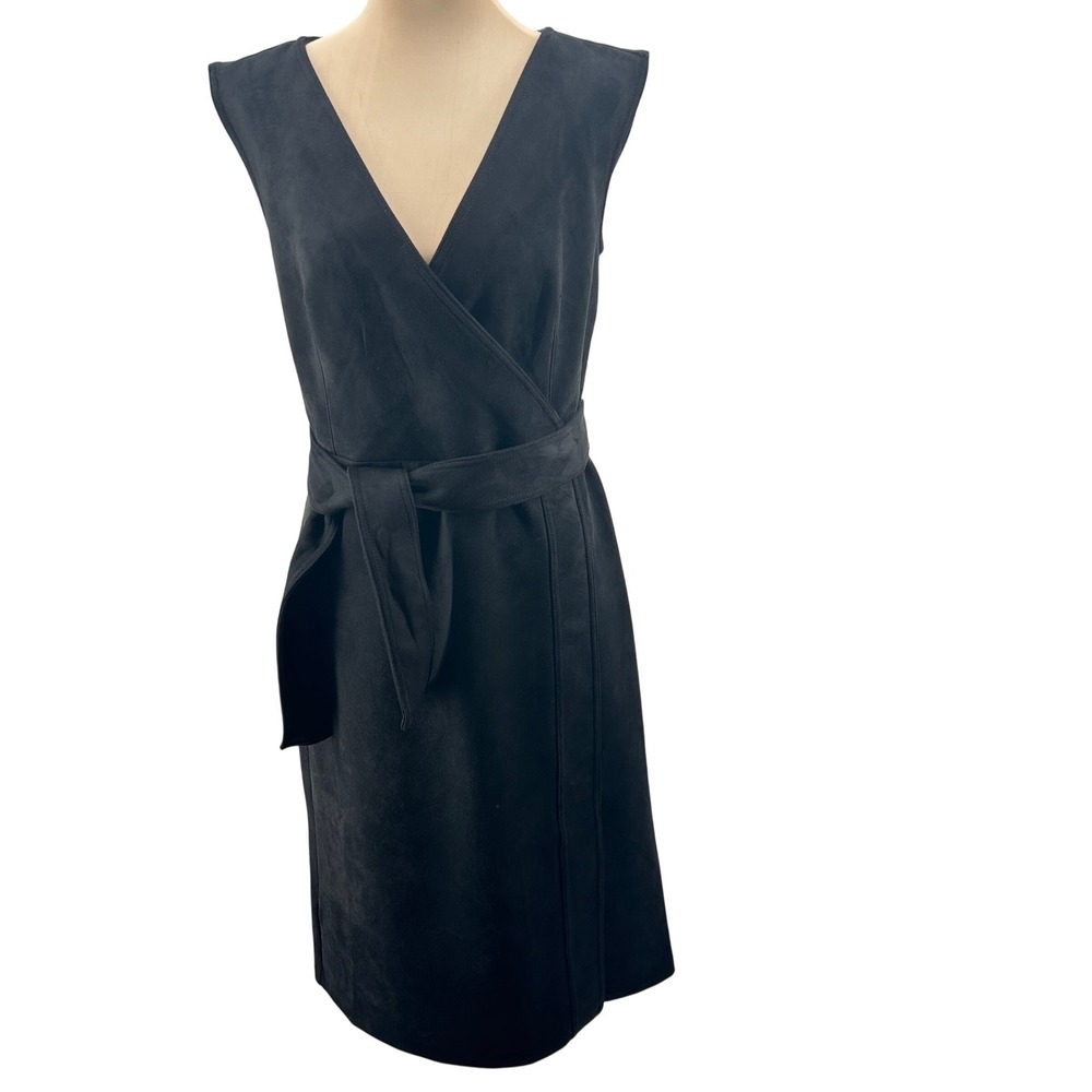 Ann‎ Taylor Black Faux Suede Sleeveless Wrap Belted Midi Dress Size 4